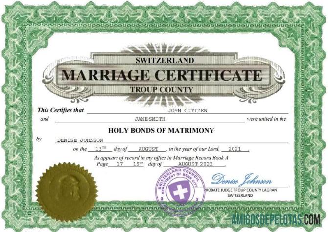 Realista modelo Word e PDF de certidão de casamento na Suíça